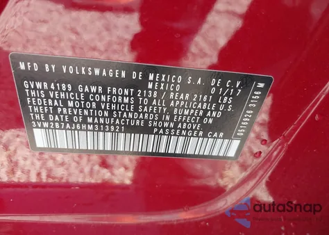 2017 Volkswagen Jetta 1.4T S из США, поврежденный, VIN 3VW2B7AJ6HM313921